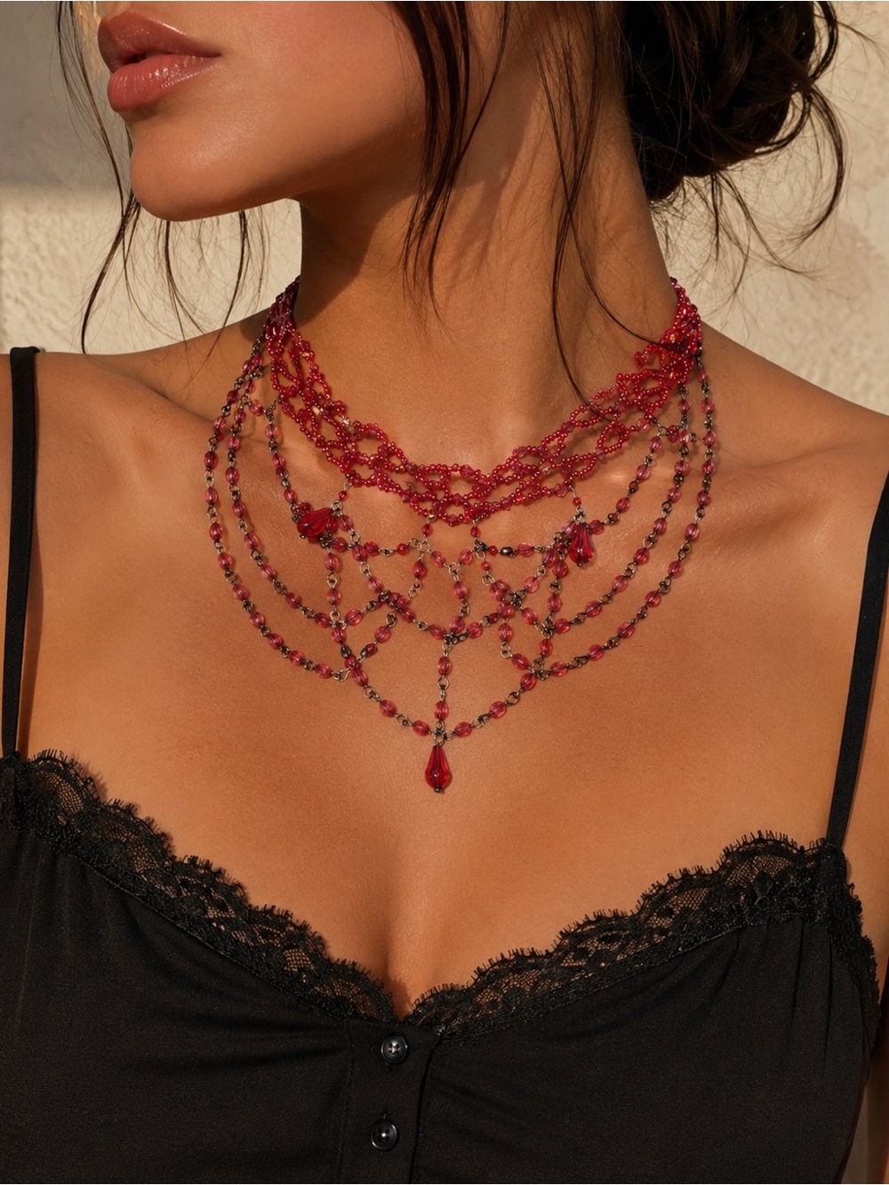 Vintage Elegant Victorian gothic hot Red Beaded Multi-Layer draping Necklace